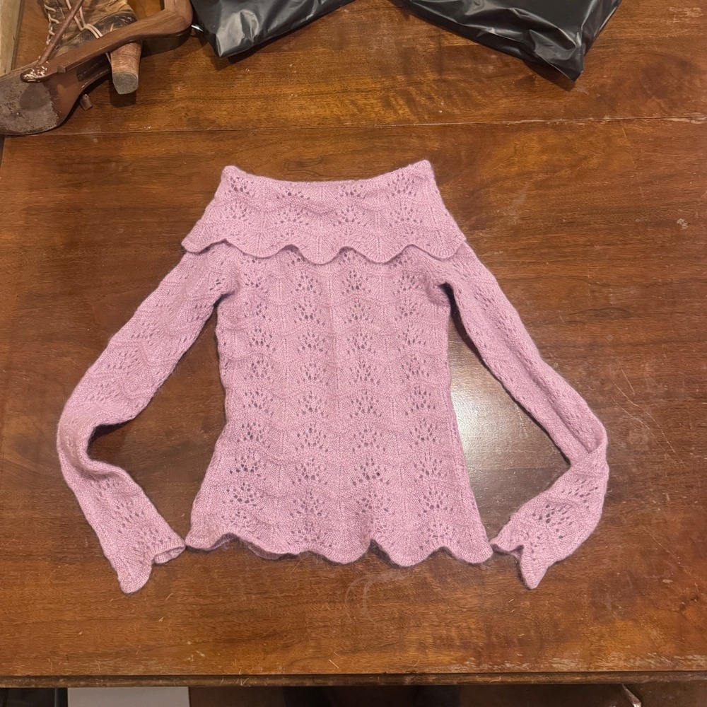 Vintage Lavender Mohair Wool Pointelle Scalloped Off Shoulder 90s Y2K Sweater XS - Picture 2 of 7